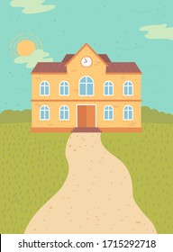 Educational institution vector, school building exterior, facade of public college. Construction with clock on top. Sunny day yard with grass lawn and path. Back to school concept. Flat cartoon