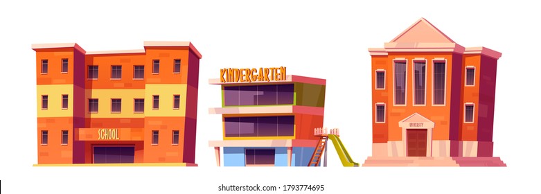 Educational Institutions Kindergarten, School And University Buildings Front View Facade. Modern City Establishment For Studying, Architecture Isolated On White Background. Cartoon Vector Illustration