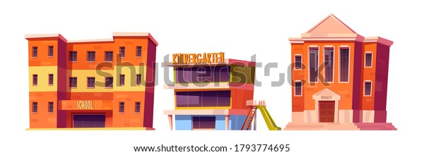 Educational institutions kindergarten,\
school and university buildings front view facade. Modern city\
establishment for studying, architecture isolated on white\
background. Cartoon vector\
illustration
