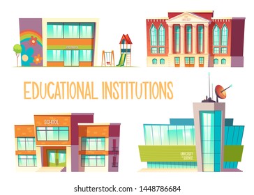 Educational Institutions Set, Kindergarten, School, State And Science University Buildings Front View Isolated On White Background, Modern City Establishment For Studying. Cartoon Vector Illustration