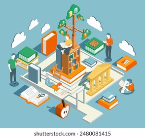 Educational isometric flat design. Concept of learning and reading books. Perfect for training courses, tutorials, and lectures. Vector Illustration.
