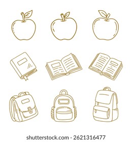 Educational items including apples, books, and backpacks are illustrated in a minimal style for school-themed designs