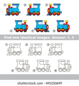 Educational kid matching game to find design difference, the task is to find similar machine. The educational game for kids with easy game level. Compare objects and find two same Locomotives.