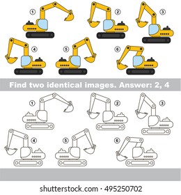 Educational kid matching game to find design difference, the task is to find similar machine. The educational game for kids with easy game level. Compare objects and find two same Excavators.