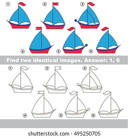 Educational kid matching game to find design difference, the task is to find similar machine. The educational game for kids with easy game level. Compare objects and find two same Boats.