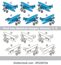 Educational kid matching game to find design difference, the task is to find similar machine. The educational game for kids with easy game level. Compare objects and find two same Biplanes.