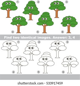 Educational kid matching game to find design difference, the task is to find similar trees. The educational game for kids with easy game level. Compare objects and find two same Leaf Tree.