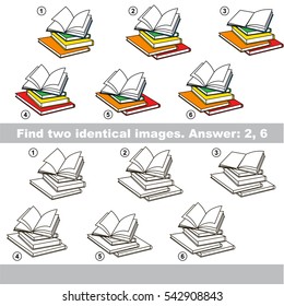 Educational kid matching game to find design difference, the task is to find similar objects, the educational game for kids with easy game level to compare items and find two same Books.