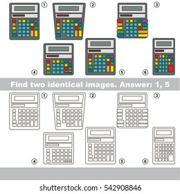 Educational kid matching game to find design difference, the task is to find similar objects, the educational game for kids with easy game level to compare items and find two same Calculators.