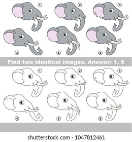 The educational kid matching game for preschool kids with easy gaming level, the task is to find similar objects, to compare items and find two same grey elephant face