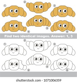 The educational kid matching game for preschool kids with easy gaming level, the task is to find similar objects, to compare items and find two same funny breakfast meal - french bakery croissant