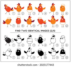 The educational kid matching game. For preschool kids. Task is to compare items and find two identical chicks. Small cute birdies on thin legs. Vector
