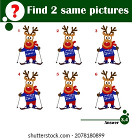 The educational kid matching game for preschool kids with easy gaming level, he task is to find similar objects, to compare items and find two same deer. Cartoon vector illustration for children