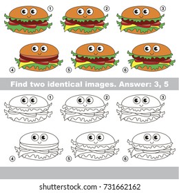 The educational kid matching game for preschool kids with easy gaming level, he task is to find similar objects, to compare items and find two same Funny Fast Food Tasty Hamburger