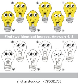 The educational kid matching game for preschool kids with easy gaming level, he task is to find similar objects, to compare items and find two same Funny Smiling Lightt Bulb