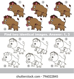 The educational kid matching game for preschool kids with easy gaming level, he task is to find similar objects, to compare items and find two same Moms and her Infants Hog Pig