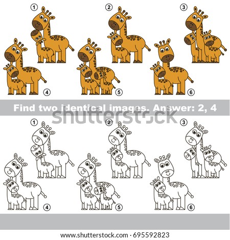 The educational kid matching game for preschool kids with easy gaming level, he task is to find similar objects, to compare items and find two same Mom and her Baby Giraffe