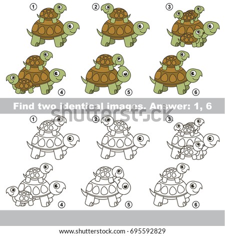 The educational kid matching game for preschool kids with easy gaming level, he task is to find similar objects, to compare items and find two same Mom and her Baby Turtle