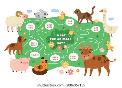 Educational kids animals game. Different farm mammals sound search pathway. Cartoon design of nursery puzzle. Baby playful learning. Livestock and sayings matching