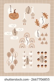Cartões educativos para crianças com números para estudar contagem. Ilustrações de vetor de outono bonito - gansos, folhas de queda, árvores, nuvens, arco-íris, abóboras, bolotas.
