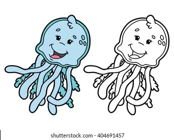 educational kids cartoon coloring page. Vector educational coloring page of happy cartoon  jellyfish for children, coloring and scrap book