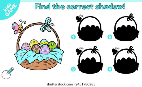 Educational kids Easter game. Find the correct shadow. Cartoon basket with festive painted eggs decorated bow. A cute butterfly sits on the basket. Activity book for children. Vector baby illustration