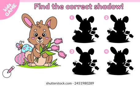 Educational kids Easter game. Find the correct shadow. Cartoon rabbit holding tulips in his paws. Happy hare sits on the grass near Easter eggs. Activity book for school children. Vector illustration.