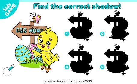 Educational kids Easter game. Find the correct shadow. Cartoon chick standing by a wooden Easter egg hunt arrow sign. Activity book for school children. Vector illustration on spring holiday theme.