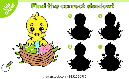 Educational kids Easter game. Find the correct shadow. Cartoon chick in a nest with painted Easter eggs. Spring holiday activity book. Worksheet for school children. Vector baby illustration.