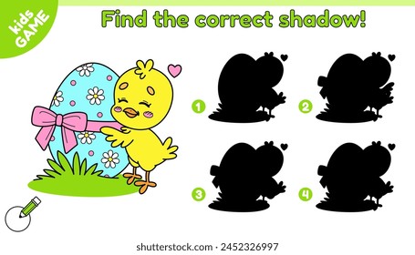 Educational kids Easter game. Find the correct shadow. Cartoon chick hugs the Easter egg decorated with ribbon and bow. Puzzle for school education. Activity book for children. Vector illustration.