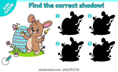 Educational kids Easter game. Find the correct shadow. Cartoon rabbit paints the egg with a brush for spring holiday. Activity book for school children. Vector baby illustration of the cute hare.