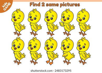 Educational kids farm game. Find 2 same picture with cartoon chicks. Cute small chickens. Baby puzzle for education. Activity book for school children. Colorful vector illustration with funny birds.