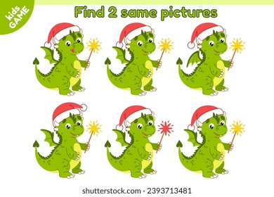 Educational kids game. Find 2 same picture with cute Dragons of the Chinese New Year 2024. Puzzle for school education children. Cartoon dragon with a sparkler in paws and in red hat of Santa. Vector.