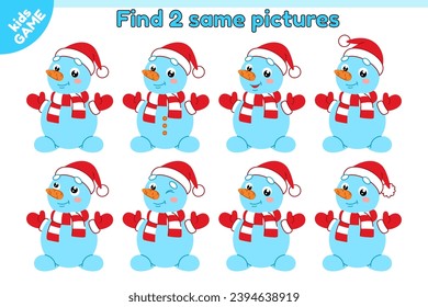 Educational kids game. Find 2 same picture with snowman in red hat of Santa. Puzzle for school education children. Holiday New Year activity book. Cartoon cute Christmas winter character. Flat vector.