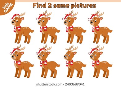 Educational kids game. Find 2 same picture with Christmas reindeer. Cute cartoon New Year deer in hat of Santa and scarf. Puzzle for education children. Worksheet with holiday animal. Flat vector.