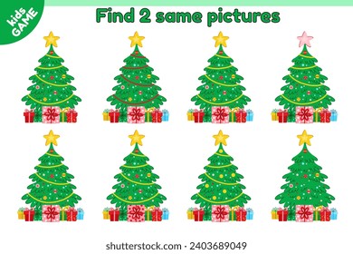 Educational kids game. Find 2 same picture with big Christmas tree. New Year spruce with gifts decorated star and Xmas tree decorations. Puzzle for children. Holiday winter activity book. Vector.