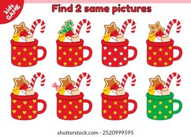 Educational kids game. Find 2 same picture with Christmas cocoa mug. Cartoon hot chocolate cup with marshmallow, gingerbread and candy cane. Puzzle for education children. New Year vector illustration