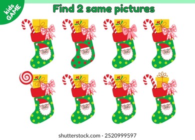 Educational kids game. Find 2 same picture with cartoon Christmas stocking with Santa Claus. Xmas sock with gift box, candy cane and bow. Puzzle for education children. New Year vector illustration.