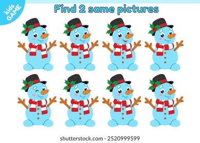 Educational kids game. Find 2 same picture with snowman in black hat. Puzzle for education children. New Year activity book. Cartoon Christmas winter character with hat top hat. Vector illustration.