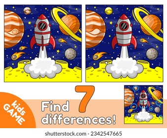 Erzieherisches Kinderspiel. Finden Sie 7 Unterschiede. Cartoon Space Raketenstart. Das Raumschiff startet von der Mondoberfläche auf dem Hintergrund der Planeten, Sterne und Kometen. Puzzle für Kinder. Vektorgrafik