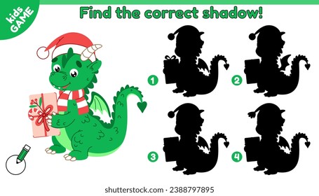 Educational kids game. Find the correct shadow. Cartoon symbol Chinese New Year 2024 is dragon. Puzzle for education children. Activity book. Holiday cute dragon in red hat Santa vector illustration.