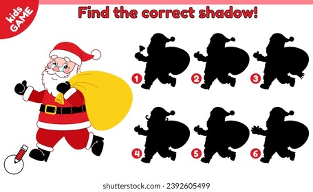 Educational kids game. Find the correct shadow. Cartoon Christmas Santa Claus running with a bag of gifts. Puzzle for school education. New Year activity book for children. Holiday vector illustration