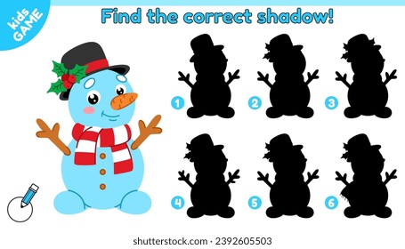 Educational kids game. Find the correct shadow. Cartoon Christmas snowman in hat and scarf. Puzzle for preschool and school education. New Year activity book for children. Holiday vector illustration.