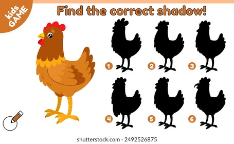 Educational kids game. Find the correct shadow. Cartoon chicken. Cute farm hen. Puzzle for preschool and school children. Worksheet for education. Baby vector colorful illustration of the farm bird.