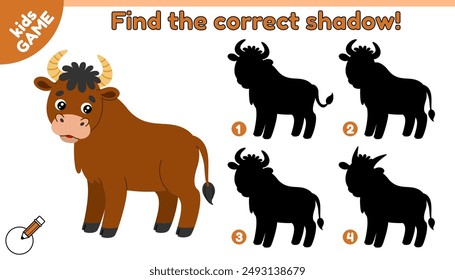 Educational kids game. Find the correct shadow. Farm bull. Cute cartoon ox. Puzzle for preschool and school children. Activity book. Worksheet for education. Baby vector illustration of farm animal.