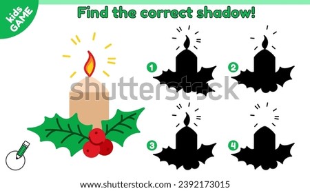 Educational kids game. Find the correct shadow. Cartoon Christmas candle with mistletoe. Puzzle for school and kindergarten education. New Year holiday activity book for children. Vector illustration.