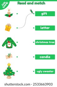 Educational kids game learning english. Read, match Xmas objects and words. Cartoon christmas tree, holiday ugly sweater and others. Worksheet for practice reading. Task for education children. Vector