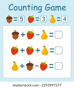 Educational Kids game. Math education. Addition and subtraction. Worksheet for preschool and school children. Calculate and write the numbers. . Isolated vector illustration.