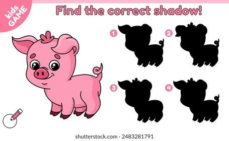 Educational kids game with piggy. Find the correct shadow. Cartoon pink piglet. Cute small pig. Puzzle for preschool and school children. Activity book. Worksheet for education. Vector illustration.