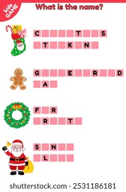 Educational kids game with words on Christmas. Santa Claus, gingerbread man, Xmas stocking, winter holiday fir wreath. Write the missing letters. English spelling training. Activities book. Vector.